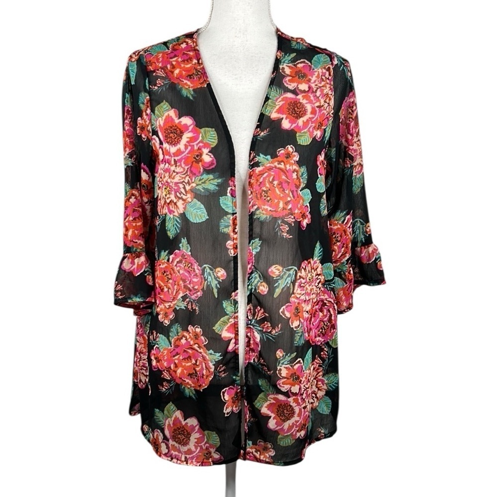 Xhilaration Black & Pink Floral Sheer Boho Summer Open Cardigan Top Size Small